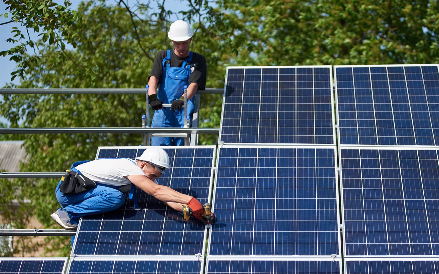 Stand-alone exterior solar panel system installation, renewable green energy generation concept.